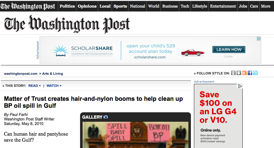 The Washington Post – Matter of Trust creates hair-and-nylon booms to help clean up BP oil spill in Gulf